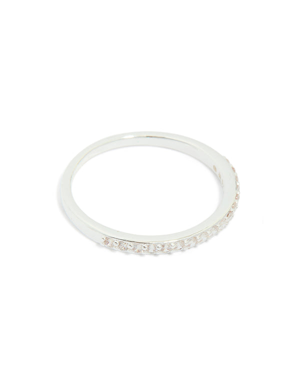 This silver plated cubic zirconia dainty flower and band stacking ring 3-pack features elegant detailing side detail view