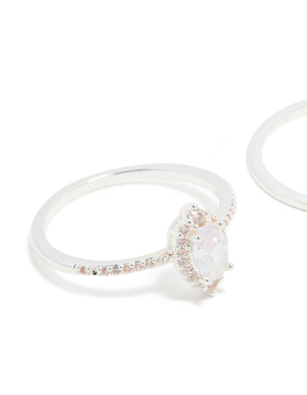 Designed with silver plated cubic zirconia marquise and crown stacking rings 2-pack featuring crystal accents close up view