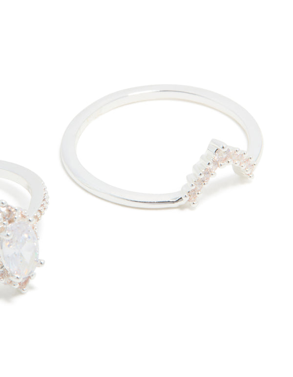 Designed with silver plated cubic zirconia marquise and crown stacking rings 2-pack featuring crystal accents close up view