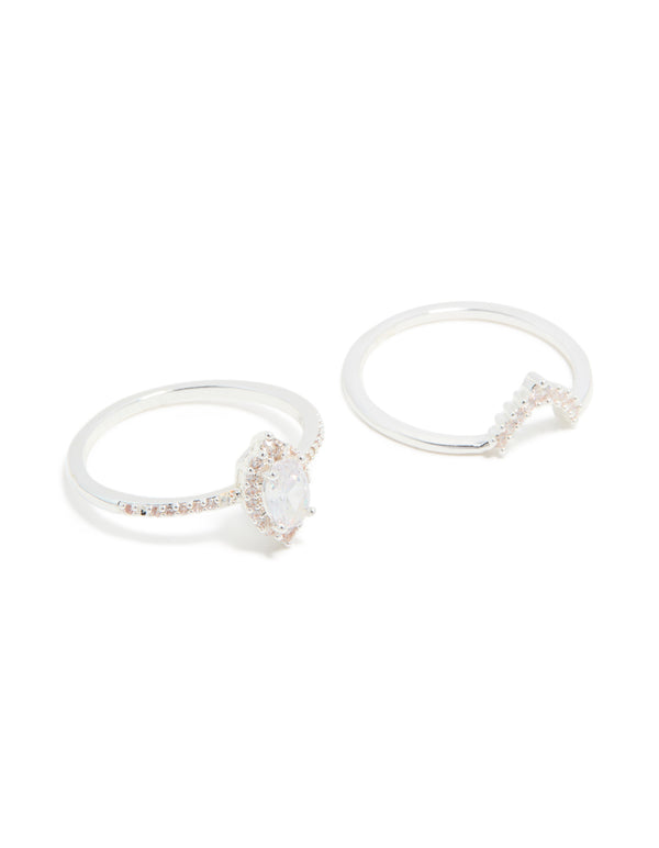 Featuring silver plated cubic zirconia marquise and crown stacking rings in a 2-pack with crystal accents front view