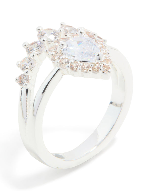 Silver Plated Cubic Zirconia Pear & Crown Layered Ring