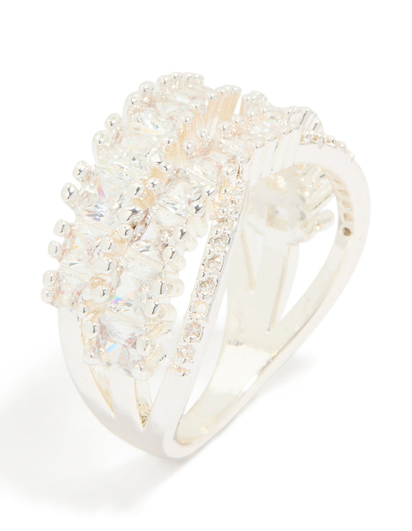 Silver Plated Cubic Zirconia Crossover Layered Ring