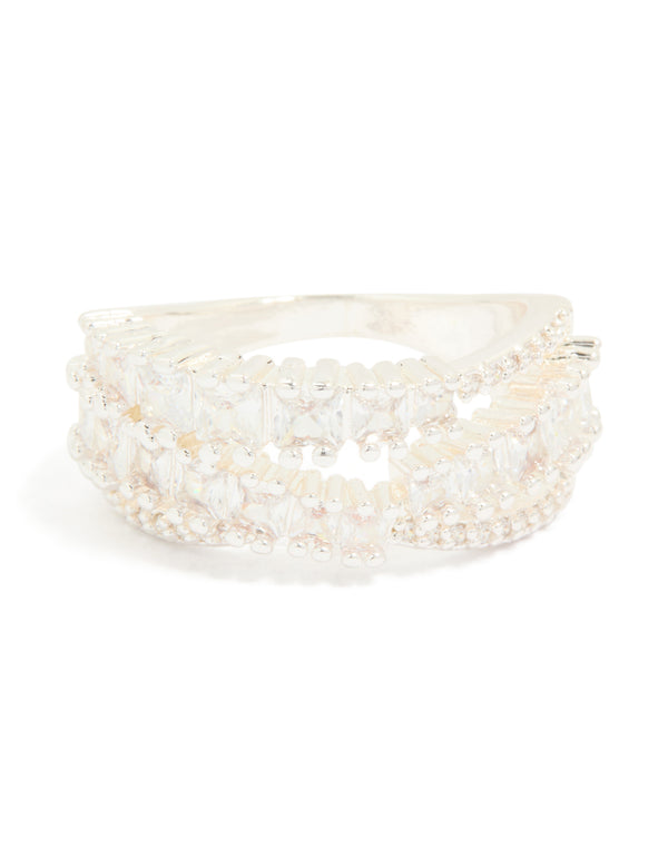 Silver Plated Cubic Zirconia Crossover Layered Ring