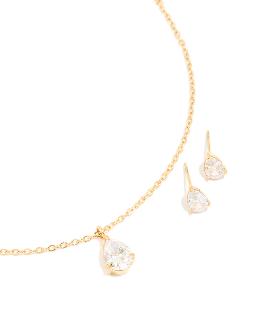 Gold Cubic Zirconia Pear Pendant Necklace & Stud Earrings Set