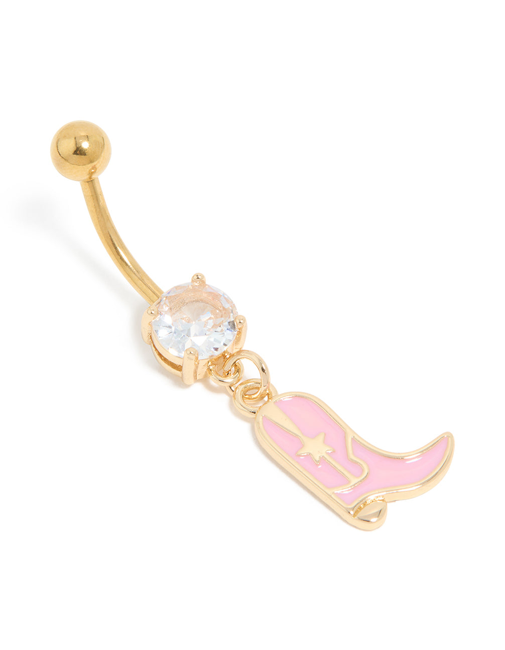 Gold Plated Surgical Steel Pink Cubic Zirconia Cowboy Boot Belly Bar