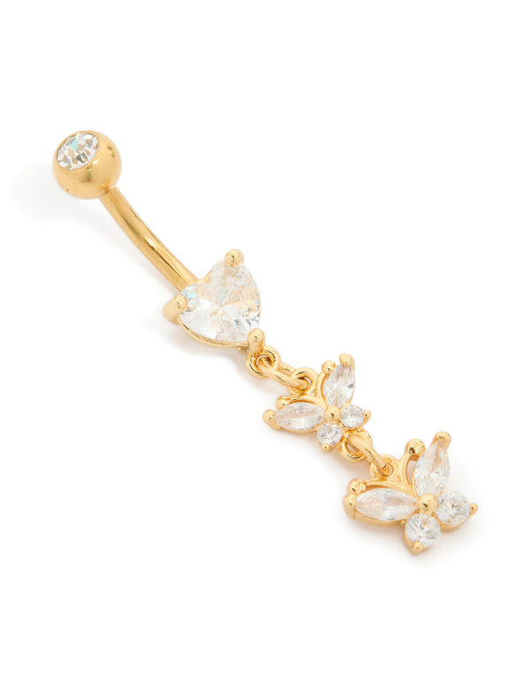 Gold Plated Surgical Steel Cubic Zirconia Heart & Butterfly Drop Belly Bar