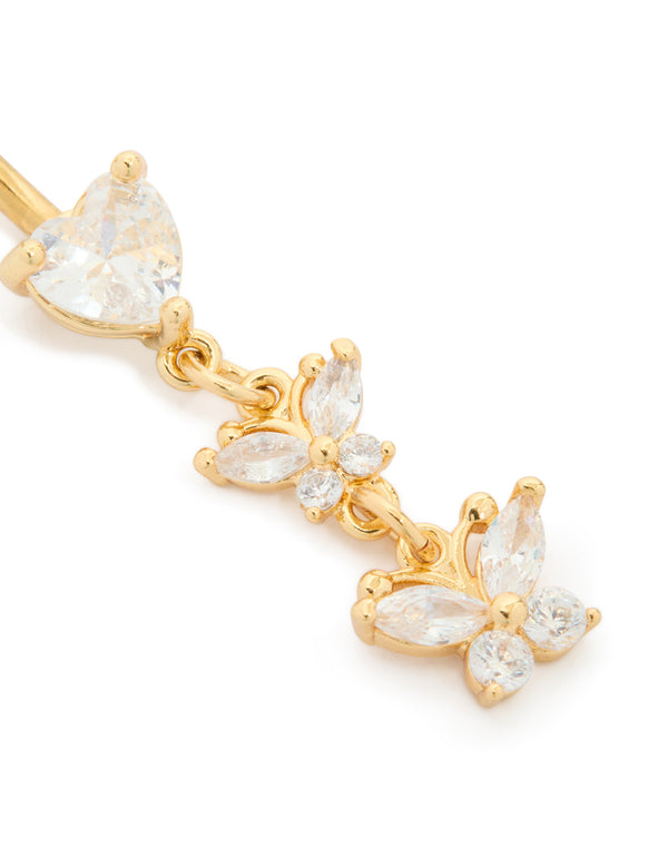 Gold Plated Surgical Steel Cubic Zirconia Heart & Butterfly Drop Belly Bar