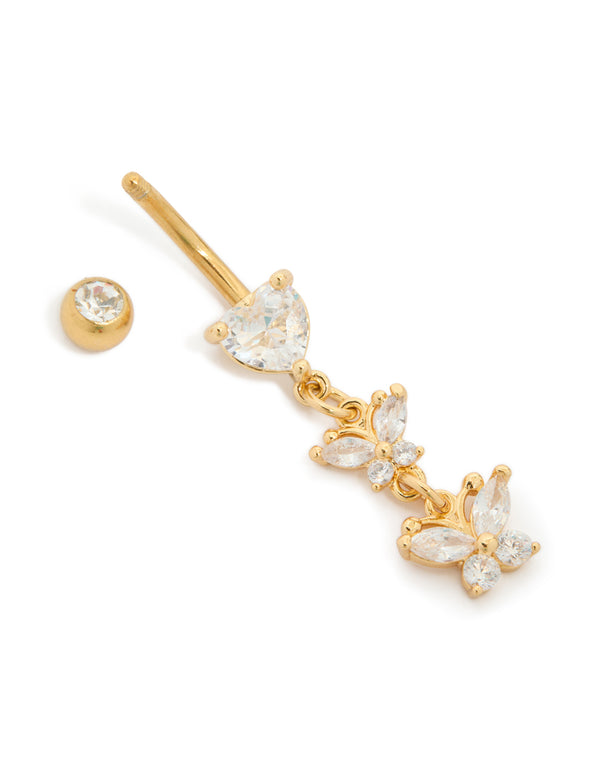 Gold Plated Surgical Steel Cubic Zirconia Heart & Butterfly Drop Belly Bar