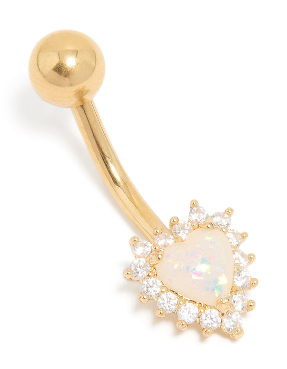 Gold Plated Surgical Steel Cubic Zirconia & White Opal Heart Belly Bar