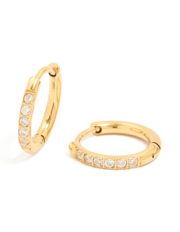 Showcasing waterproof gold plated stainless steel prism cubic zirconia clicker earrings in gold front view