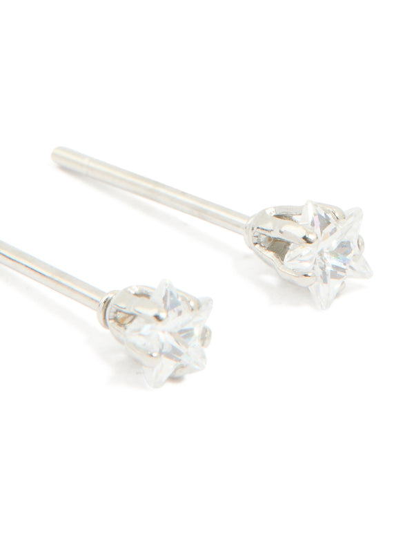 Highlighting celestial waterproof stainless steel prism cubic zirconia star stud earrings in 4 MM silver and clear post detail view