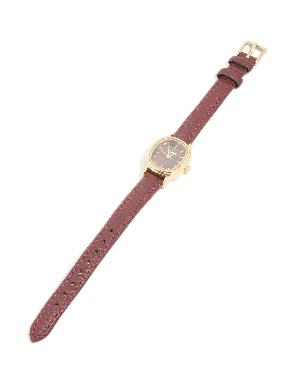 Crafted with a brown dial and leather strap designed for women, this gold burgundy PU leather oval watch with analog display is perfect for formal occasions front view
