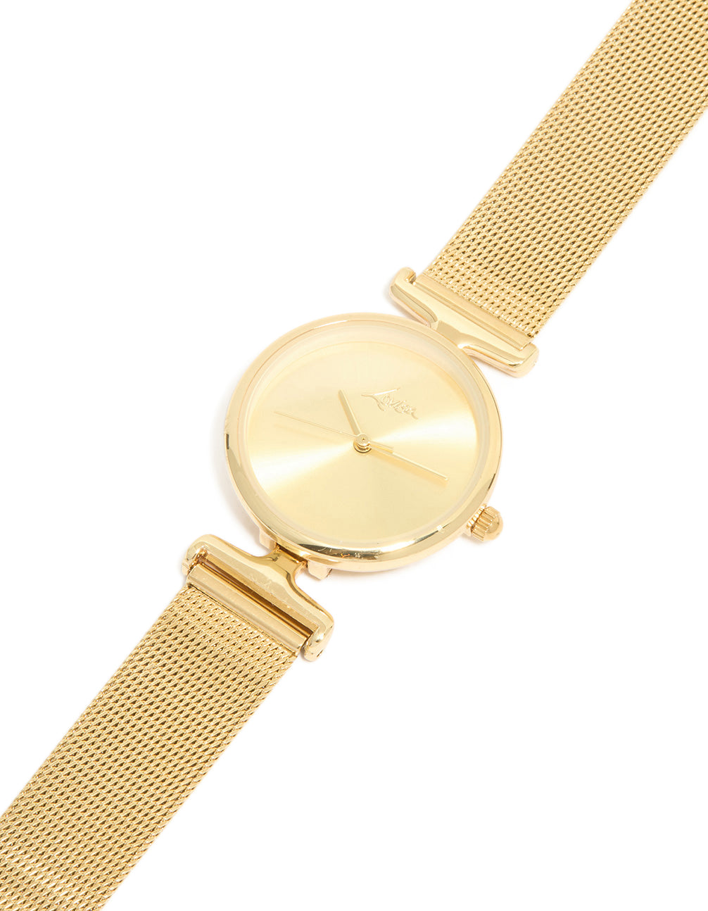 Discover a statement round mesh watch with gold tone round dial shape, women's analog design in gold, perfect for casual occasions watch face detail view
