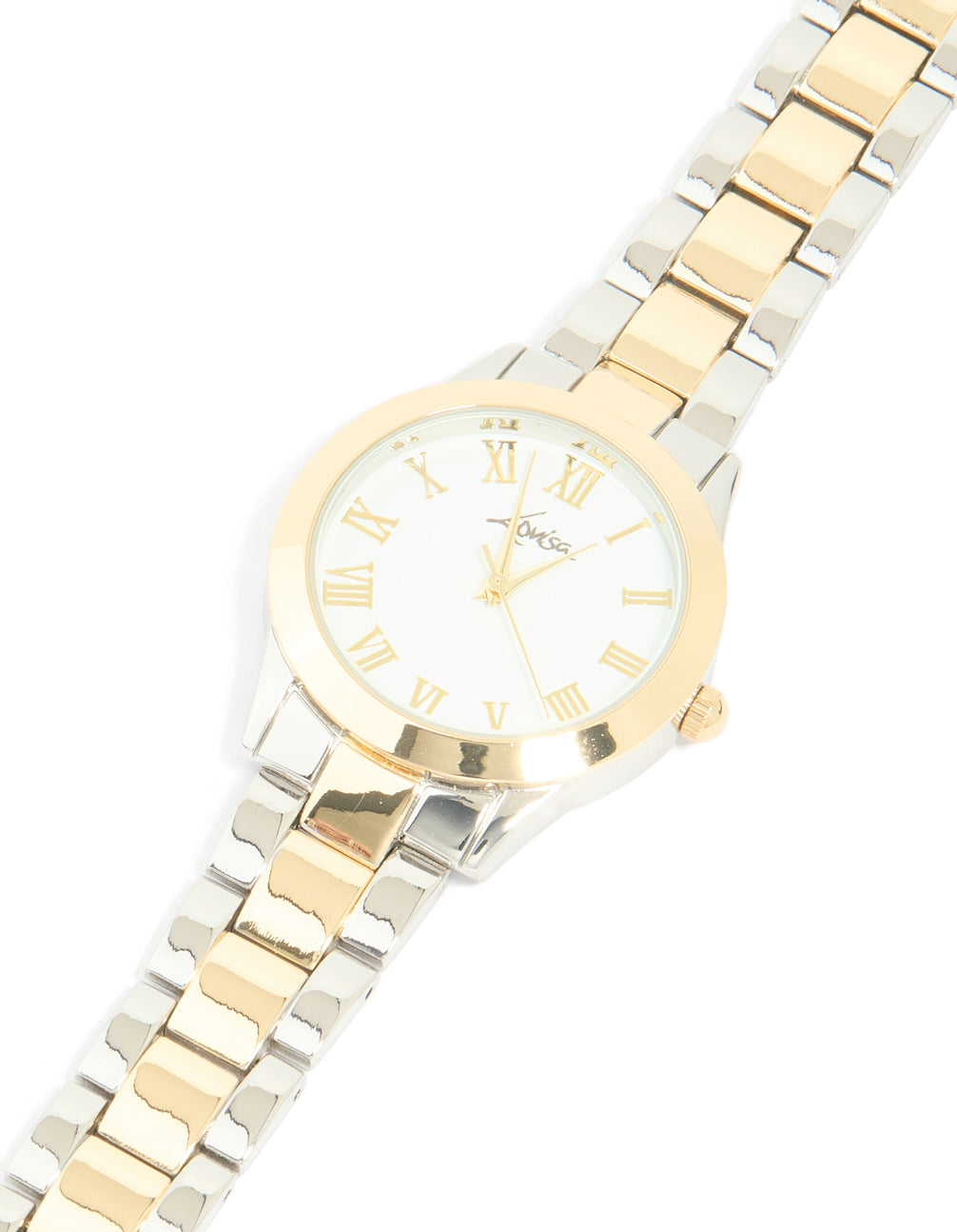 Showcasing a classic timepiece with roman numerals on a white dial, round shape, women's formal analog watch featuring a multi-color link band strap in gold and silver tones watch face detail view