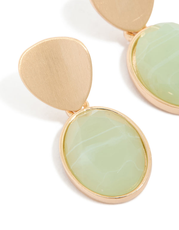 Gold Green Stone Brushed Drop Earrings