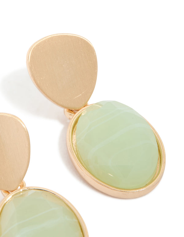 Gold Green Stone Brushed Drop Earrings