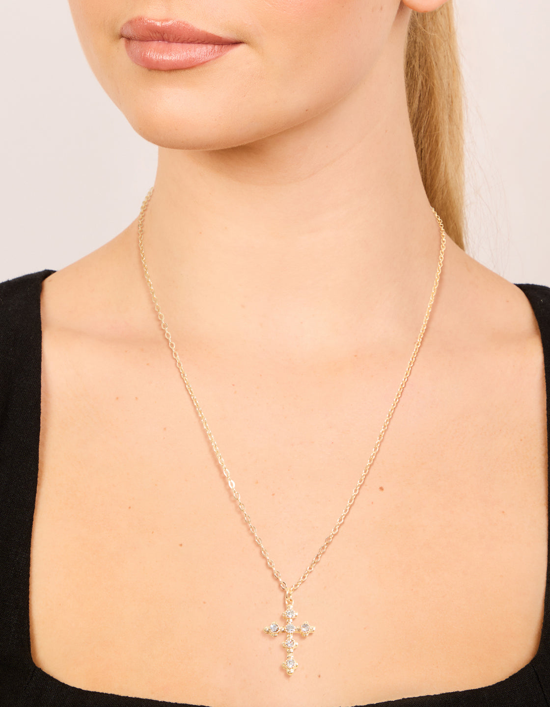 Gold Diamante Vintage Cross Pendant Necklace