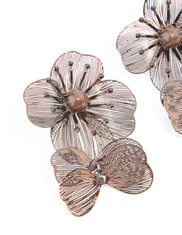 Brown Coated Metal Multi Lazer Cut Flower Drop Earrings