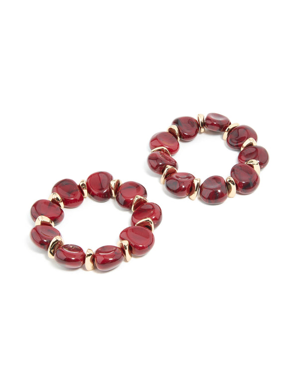 Red Acrylic & Gold Beaded Stretch Bracelets 2-Pack