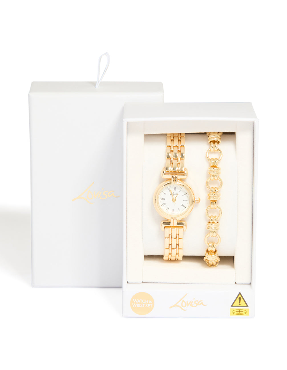 Presenting a gold chain bracelet and watch set with white dial, roman numerals, round shape, link band strap, designed for women, ideal for formal occasions in a statement style case detail view