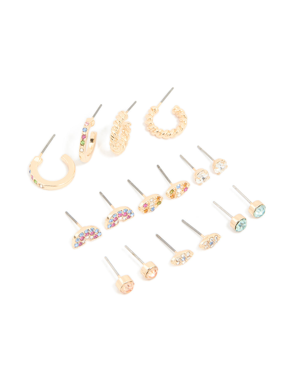 Gold Rainbow Diamante Stud & Hoop Earrings 8-Pack