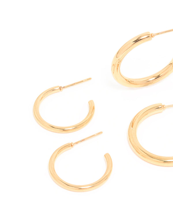 Waterproof Gold Plated Stainless Steel Smooth & Twisted Hoop Earrings 3-Pack