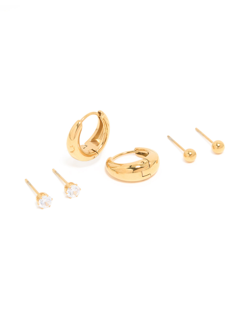 Waterproof Gold Plated Stainless Steel Hoop & Cubic Zirconia Stud Earrings 3-Pack