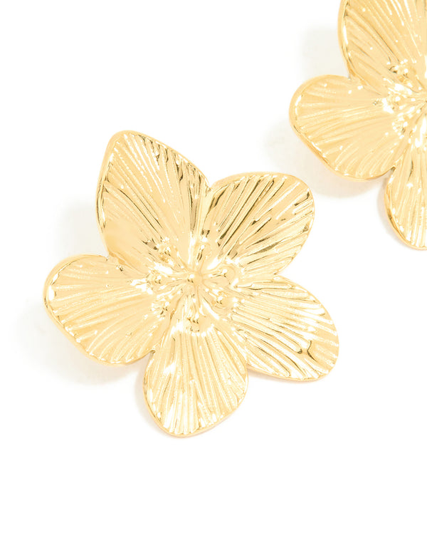 Waterproof Gold Plated Stainless Steel Textured Flower Stud Earrings