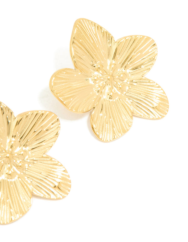 Waterproof Gold Plated Stainless Steel Textured Flower Stud Earrings