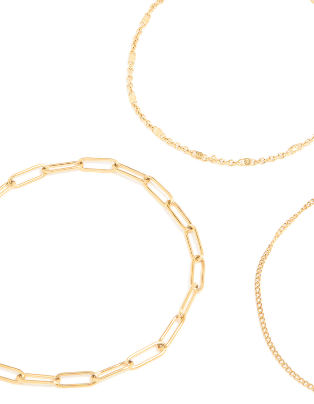Waterproof Gold Plated Stainless Steel Mixed Chain Bracelets 3-Pack