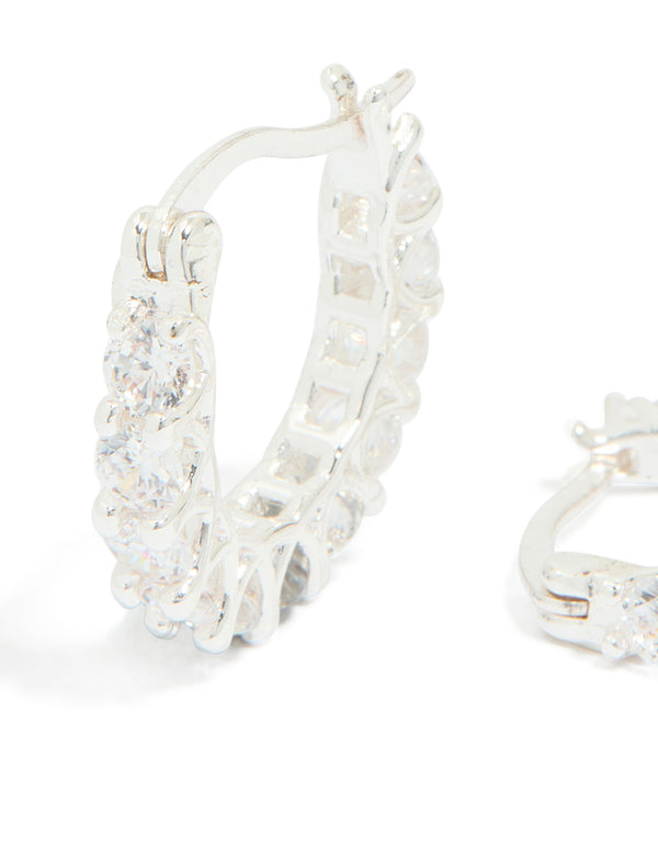 Silver Plated Cubic Zirconia Medium Oval Huggie Earrings