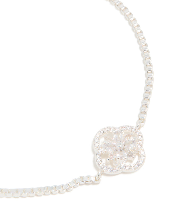 Silver Plated Cubic Zirconia Flower Toggle Bracelet