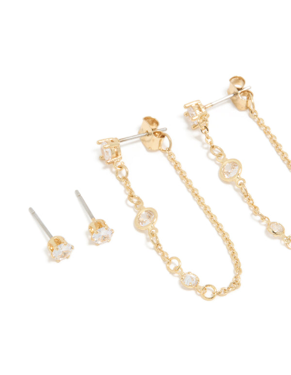 Gold Plated Cubic Zirconia Stud & Chain Earrings 4-Pack