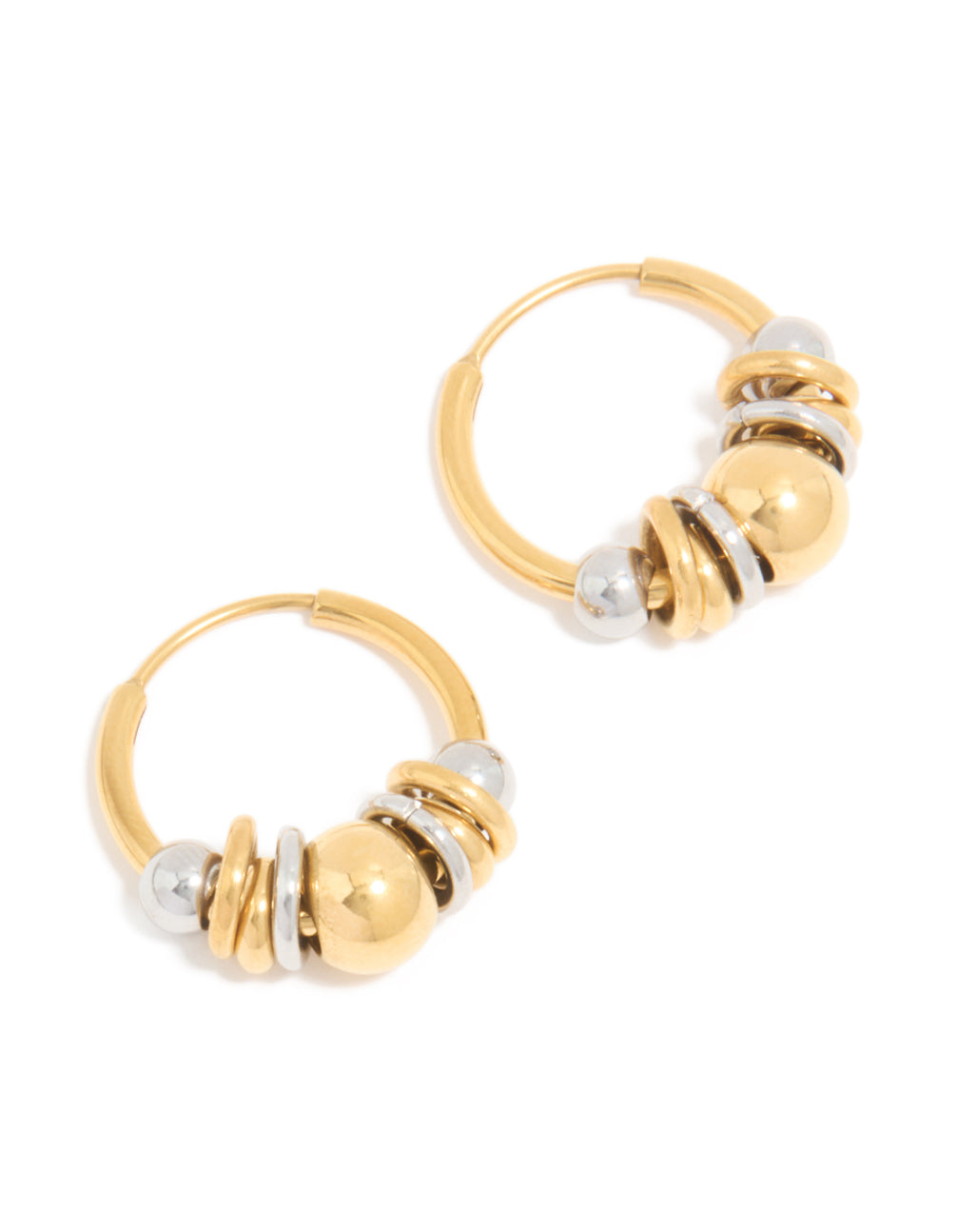 Waterproof small rondell clicker hoop earrings with alternating balls in gold plated stainless steel and silver tones front view