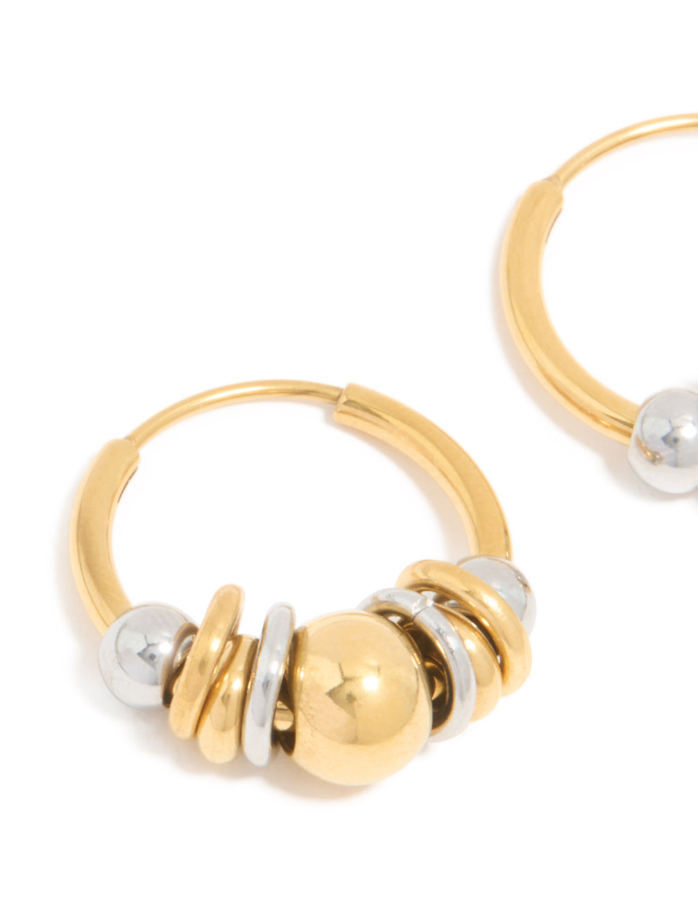 Showcasing waterproof small rondell clicker hoop earrings featuring alternating balls in gold plated stainless steel with silver accents close up view