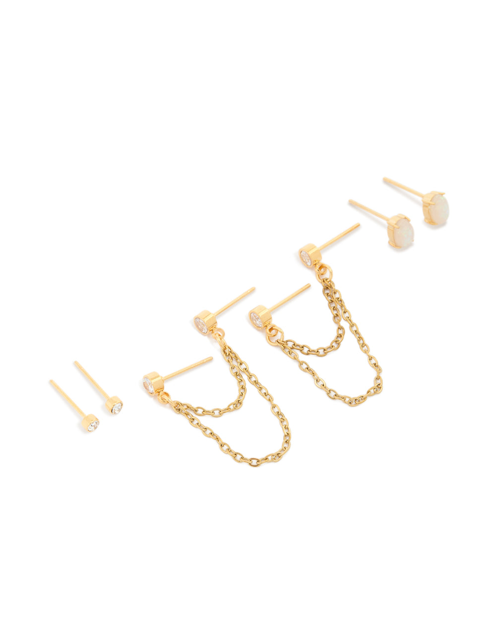 Introducing a waterproof gold plated stainless steel 3-pack style stud earrings with opal bezel and chain details front view