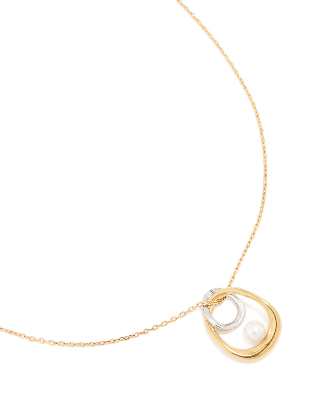 Discover this waterproof mixed metal plated stainless steel open pearl pendant necklace featuring oval stone cut in gold and silver close up view