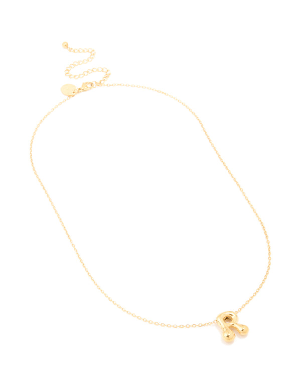 Featuring a waterproof bubble letter R initial pendant necklace in gold plated stainless steel front view