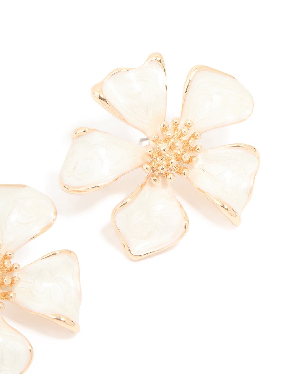 Gold White Enamel Flower Stud Earrings