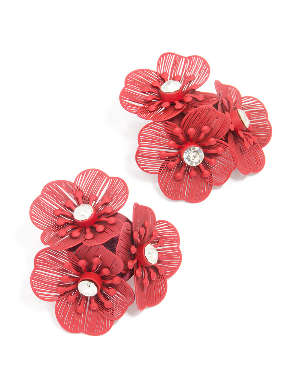 Red Coated Metal Diamante Laser Cut Multi-Flower Earrings