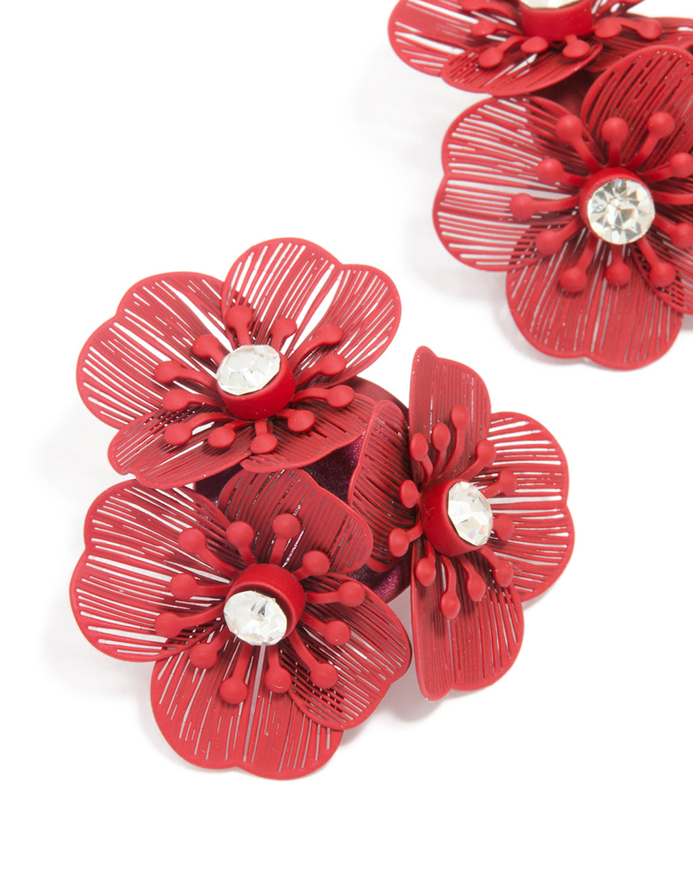 Red Coated Metal Diamante Laser Cut Multi-Flower Earrings