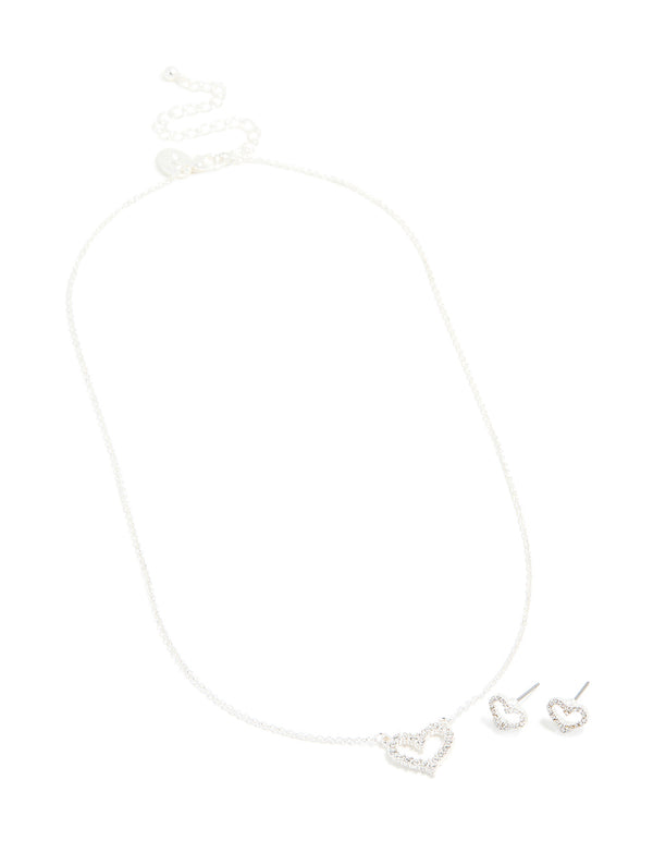 Silver Diamante Open Heart Necklace & Earrings Set