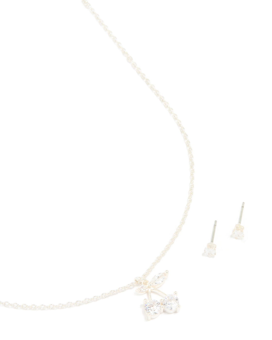 Silver Plated Cubic Zirconia Cherry Necklace & Classic Stud Earrings Set