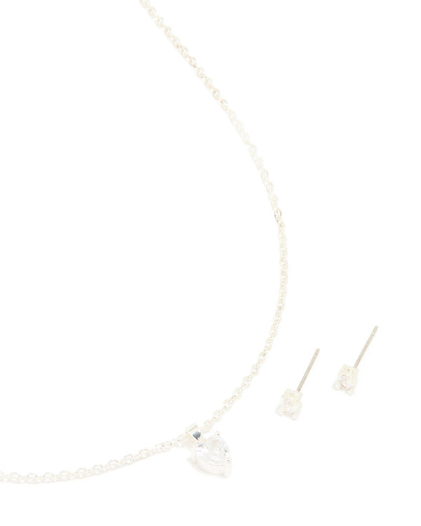 Silver Plated Cubic Zirconia Heart Necklace & Classic Stud Earrings Set