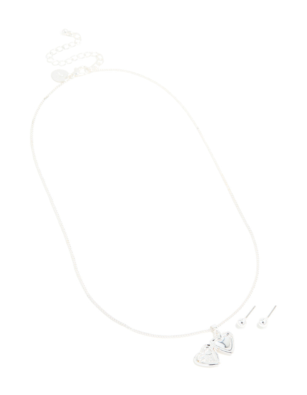 Silver Locket Necklace & Stud Earrings Set