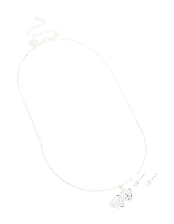 Silver Locket Necklace & Stud Earrings Set