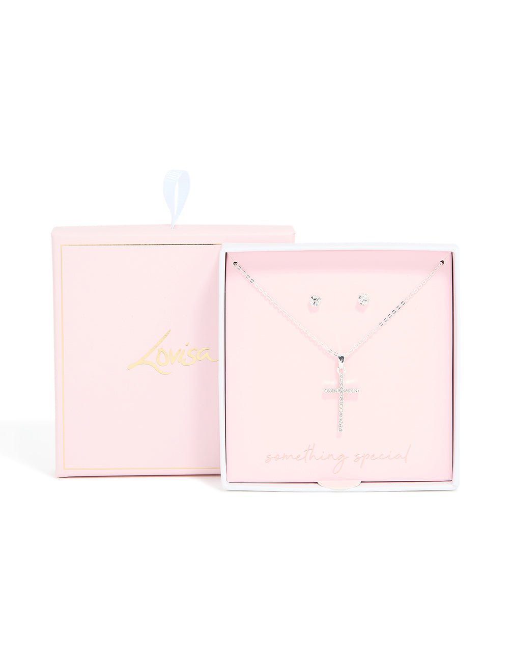 Silver Diamante Cross Necklace & Classic Stud Earrings Set
