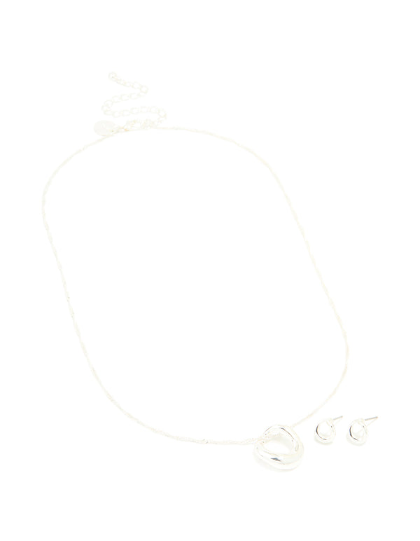 Silver Plated Twisted Circle Pendant Necklace & Earrings Set