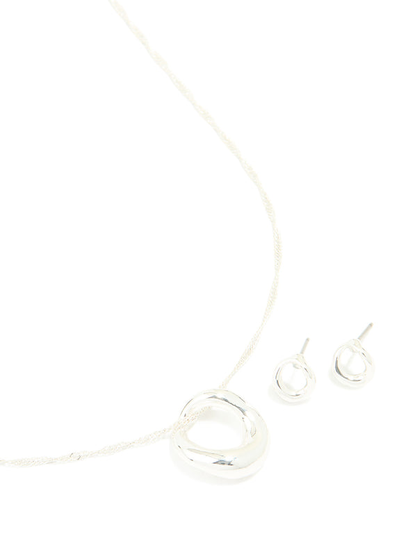 Silver Plated Twisted Circle Pendant Necklace & Earrings Set