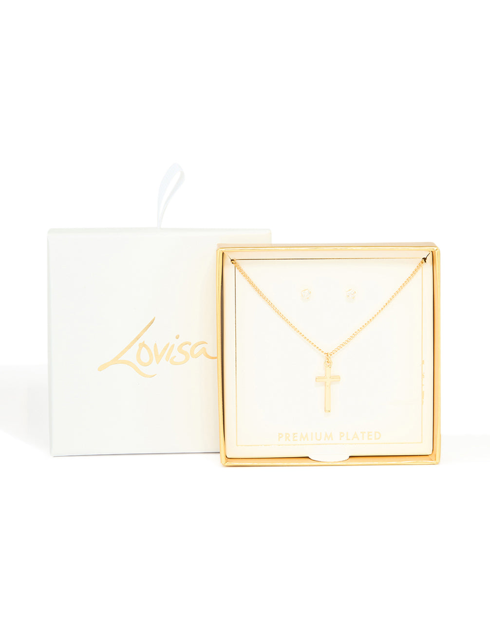 Gold Plated Cross Classic Necklace & Cubic Zirconia Stud Earrings Set